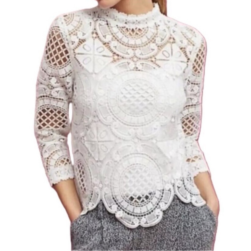 Anthropologie James Coviello medallion lace front mock neck ivory blouse s
